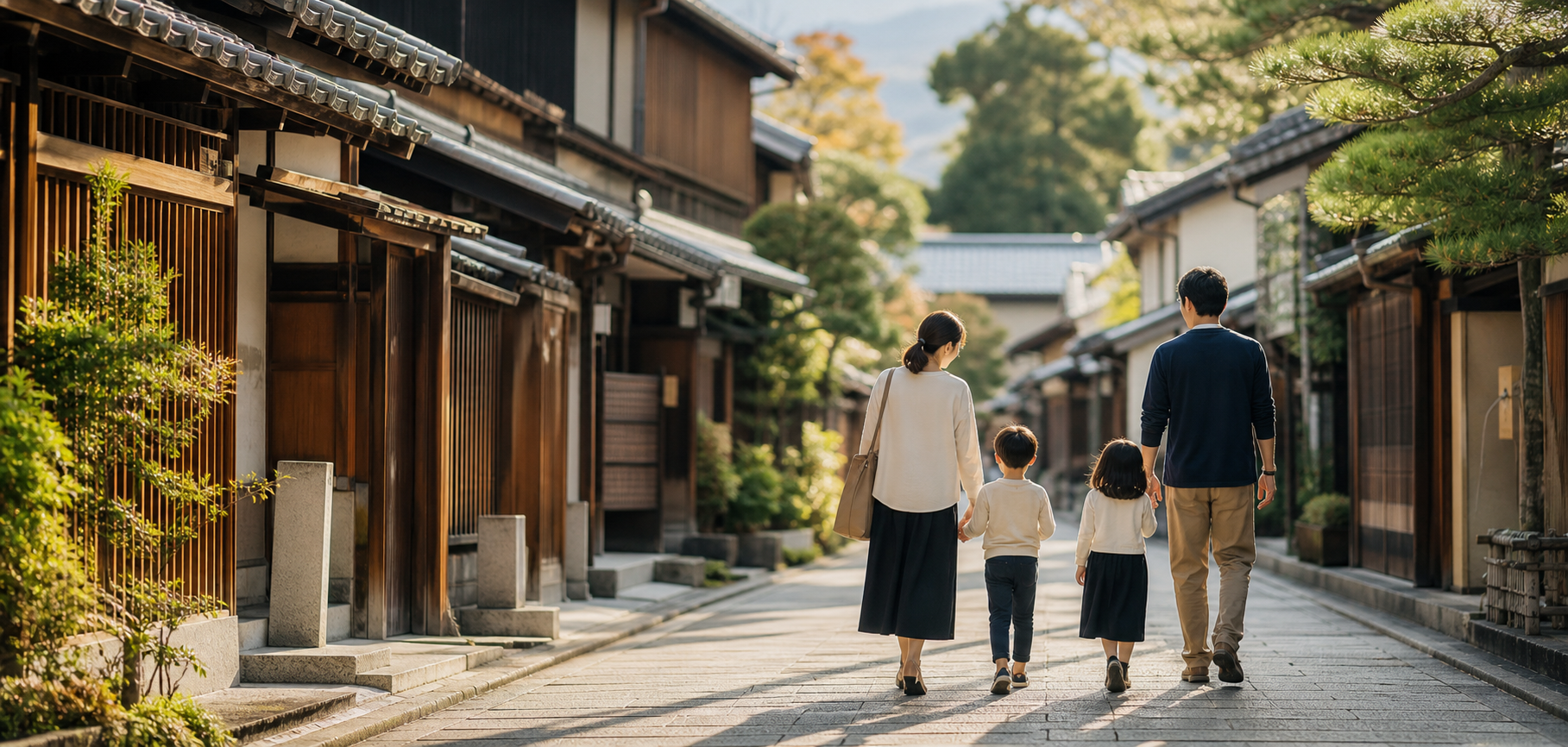 A family walking together through a quiet traditional Japanese neighborhood