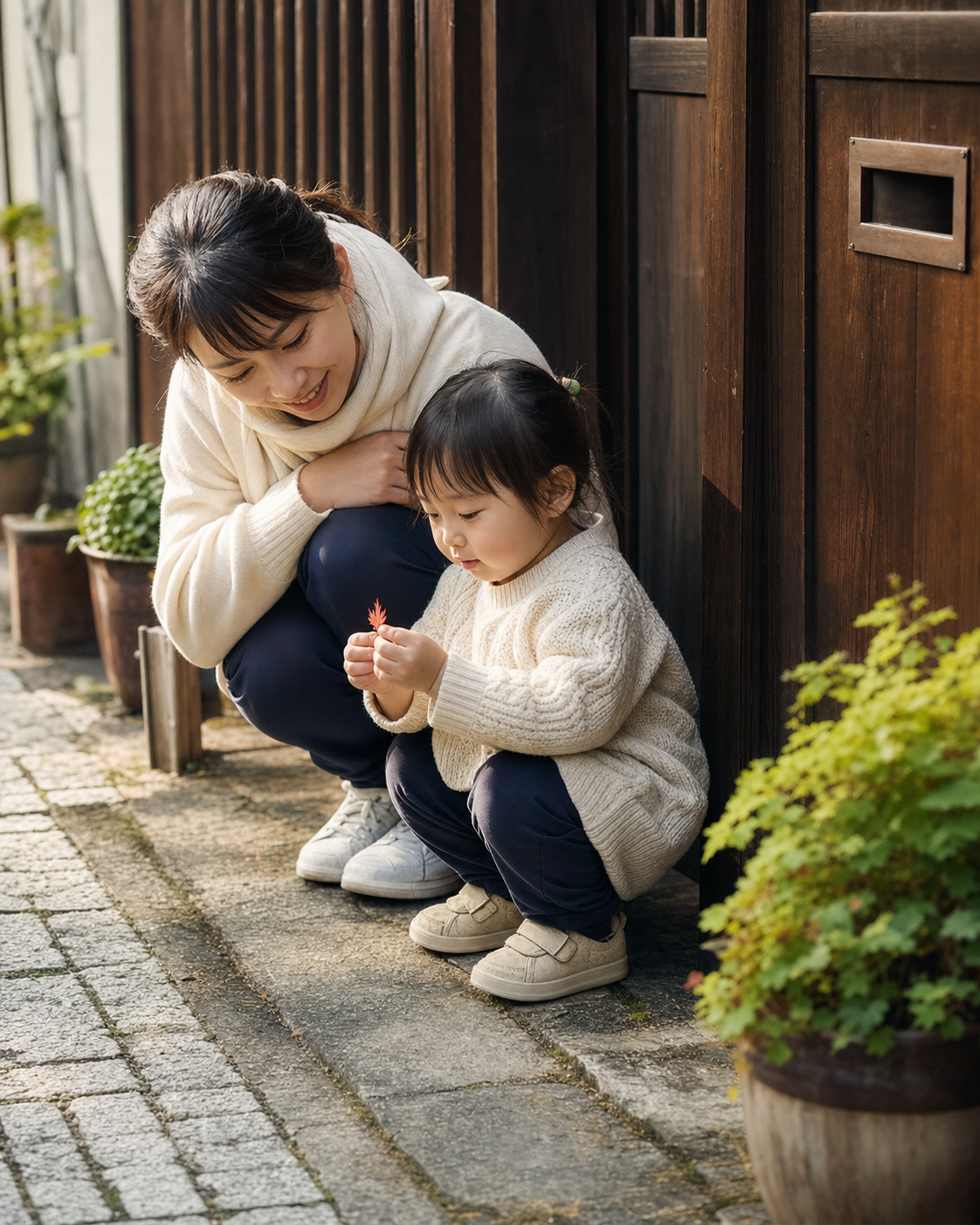 Parent and child discovering a seasonal leaf
